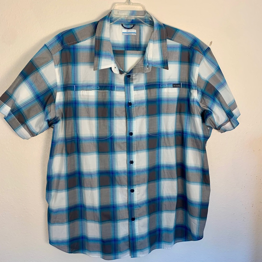 Columbia Plaid Short Sleeve Button Up Shirt Mens XXL Blue Gray Outdoor Hike Fish